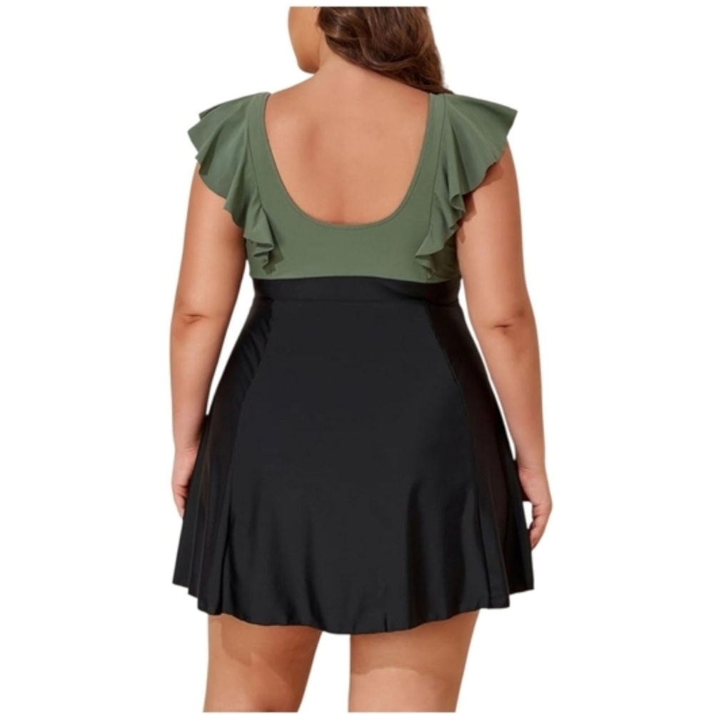 SMISMIVO - 4X Green & Black Ruffle Sleeve Swim Dress - Picture 4 of 13